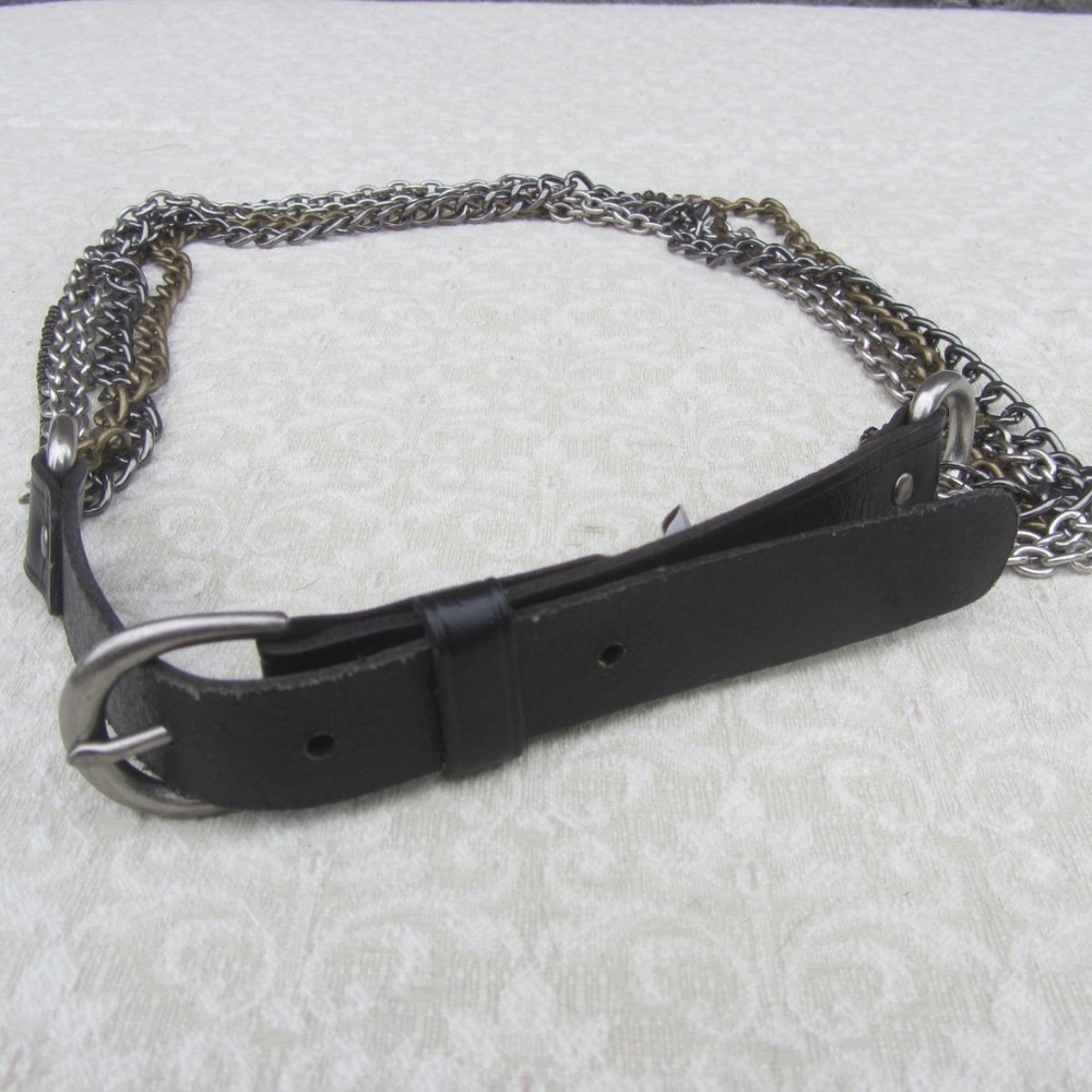 Fossil Black Leather Chain Belt L Rhinestone Retro Punk Chain Rhinestone